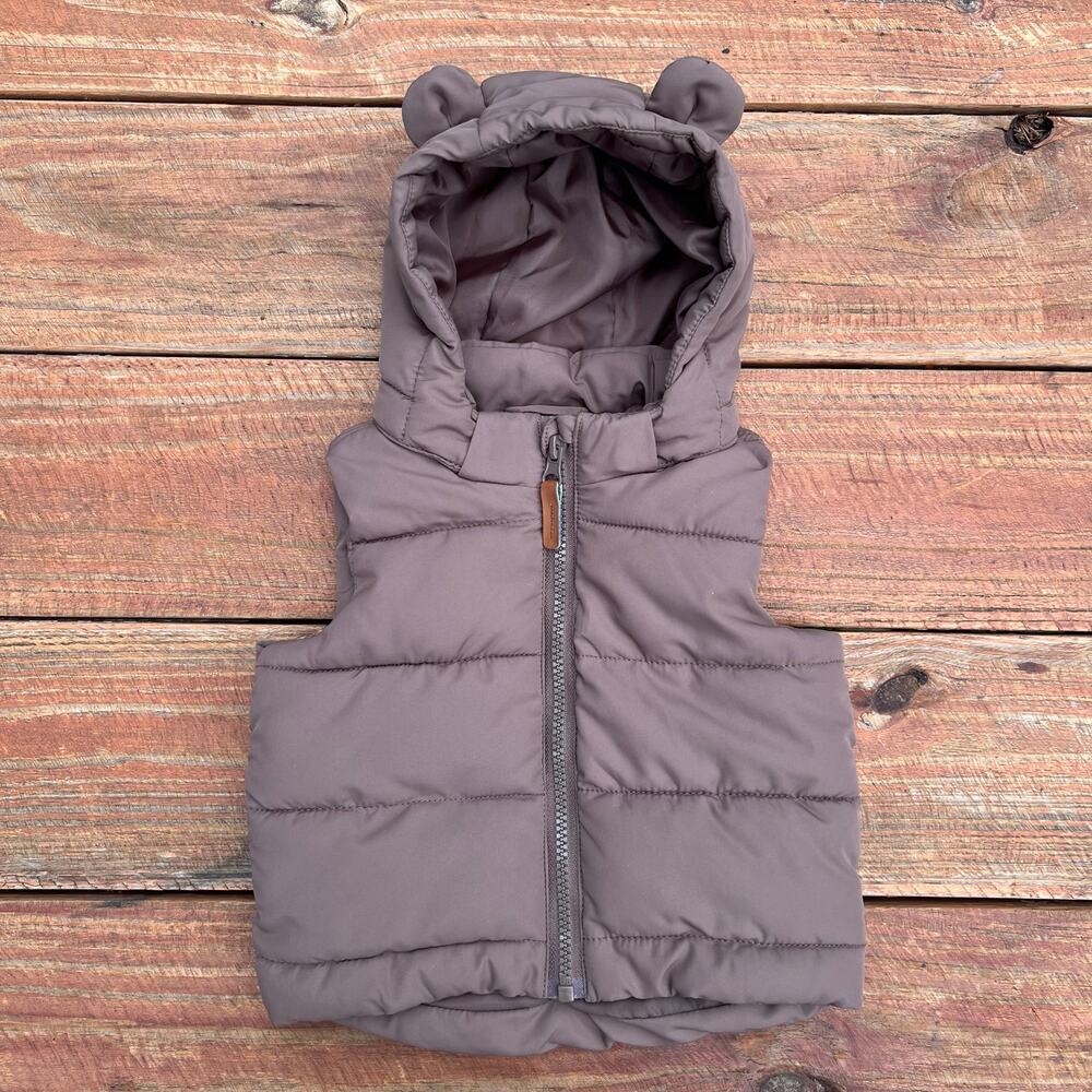 H&M Baby Puffer Vest 6M Brown Bear Hood Neutral Winter Warm Zip Jacket Unisex